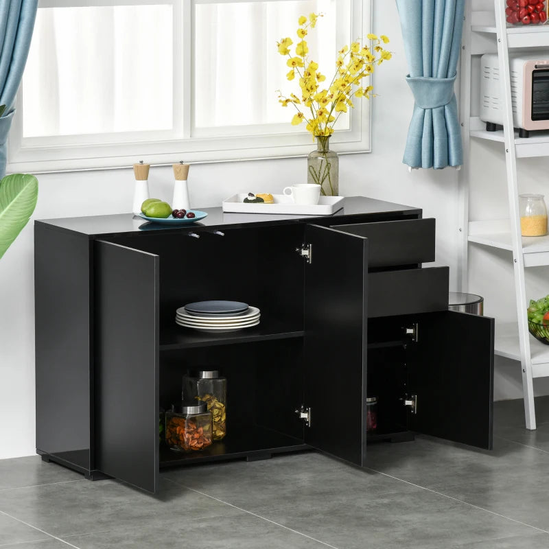 High Gloss Push-Open Design Storage Cabinet with Large & Small Cupboard and 2 Flatbed Drawers - Black