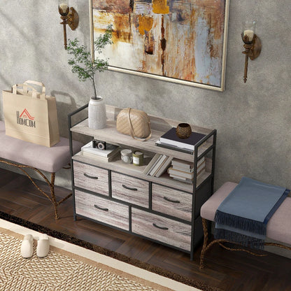 Rustic Chest of Drawers with Black Frame and Grey Fabric Drawers with Wood Effect