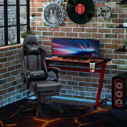 Faux Leather Recliner Racing Gaming Chair with Swivel Wheel Footrest - Black / Red Contrast Stitch