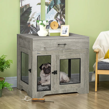 End Table Dog Crate with Pull Out Drawer and Top Table for Medium Dogs