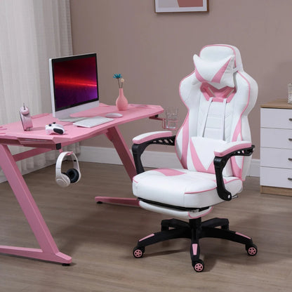 Computer Gaming Chair with Lumbar Support and Footrest - Pink / White