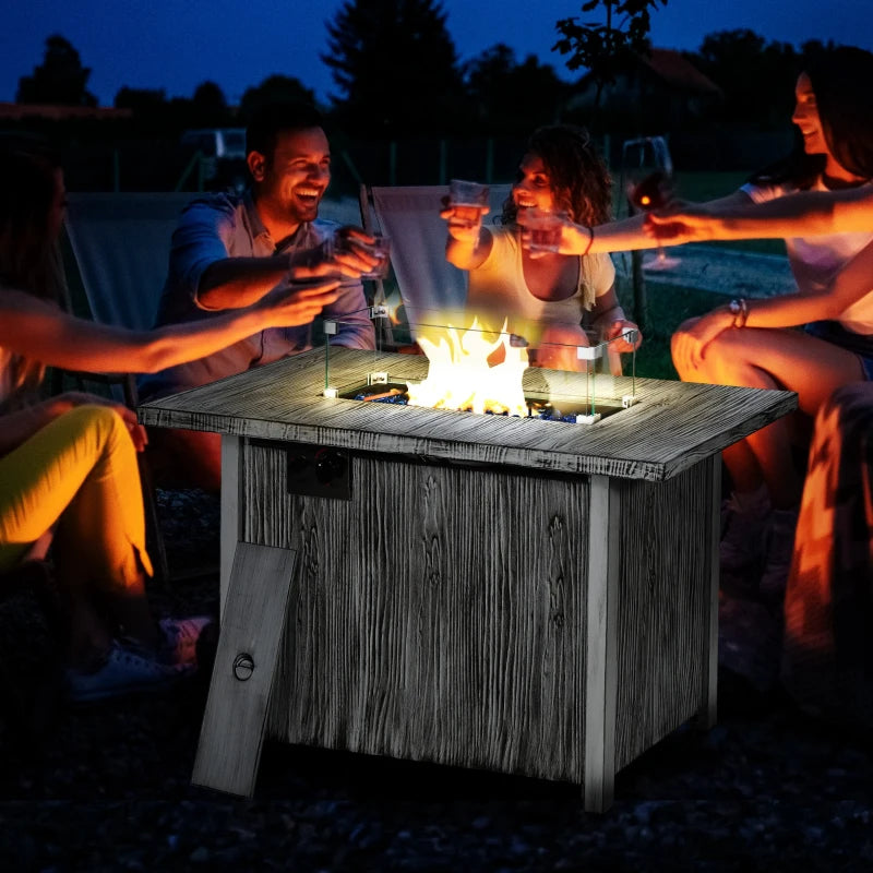 50,000 BTU - Rectangular Grey Wood Effect Fire Pit Table with Glass Windscreen