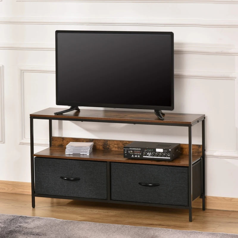 Dark Oak Style Compact TV Stand / Media Centre Unit with 2 Foldable Linen Drawers & Shelving