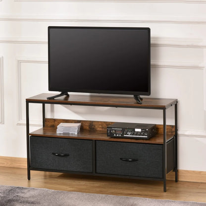 Dark Oak Style Compact TV Stand / Media Centre Unit with 2 Foldable Linen Drawers & Shelving