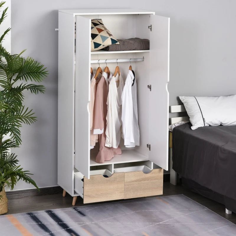 2-Door Wardrobe with Hanger Rail and 2 Underneath Drawers - White / Pine Wood