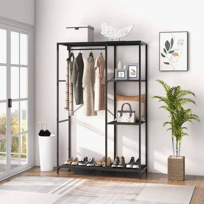 Large Steel Frame Hanger Coat Rack with 3-Tier Shoe and Display Shelving