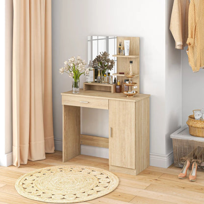 Vanity Mirror Dressing Table with Open Style Shelving and 2-Storage Sections - Maple Wood Effect