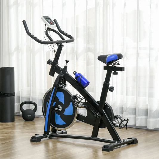 Belt Driven Stationary Cycling Exercise Bike with Adjustable Seat and Resistance - Blue / Black