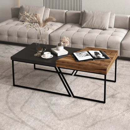 Two-Tone Wood Effect & Black - Nesting Coffee Table Set with Steel Frame