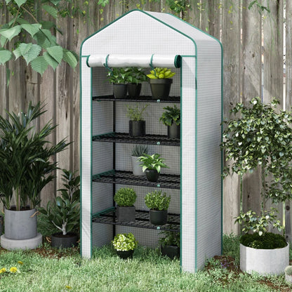 5-Tier Slimline Tall Greenhouse with Roll-Up Door and Wire Shelves - White / Green