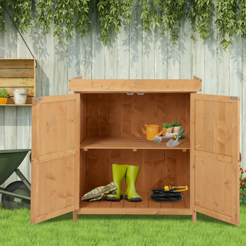 Mid Size Garden Shed with 2-Tier Shelving and Hinged Openable Roof - Natural Brown Wood Effect