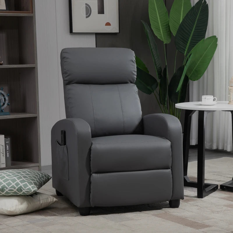 Reclining Massage Function Faux Leather Armchair with Adjustable Leg Rest & Side Pocket - Grey