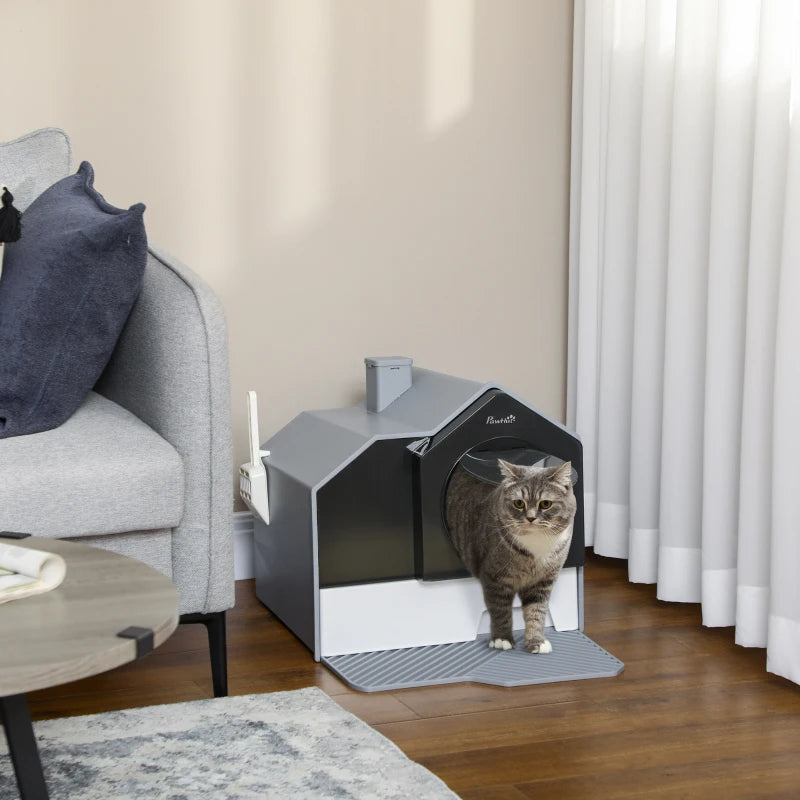 Home Style Cat Litter House Tray with Chimney Filter, Pull Out Tray and Front Door - Grey