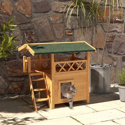 Cat House with Roofed Balcony Area & Stairs and Under House - Natural Wood