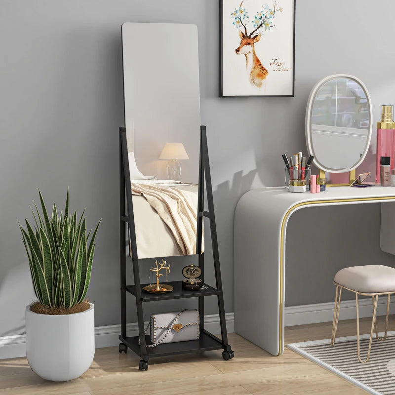 Freestanding Full Length Dressing Mirror on Wheels with Adjustable Angle & Storage Shelves