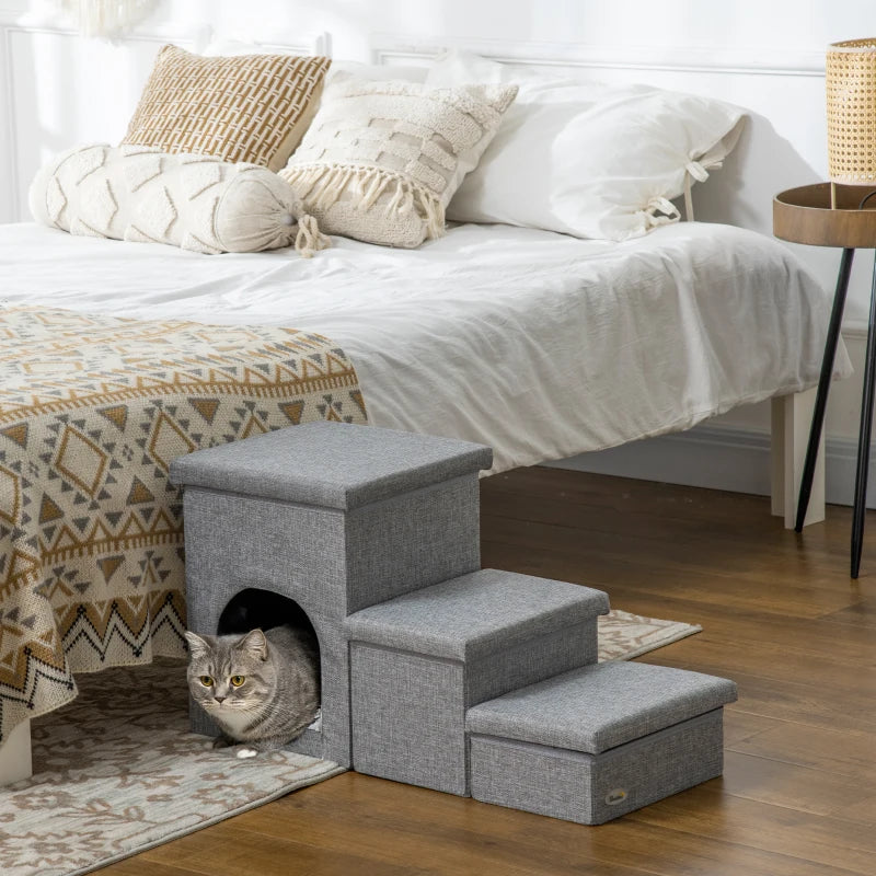 3-Step Pet Stairs for Miniature Dogs or Cats with Hidden Storage Compartments and Built in House