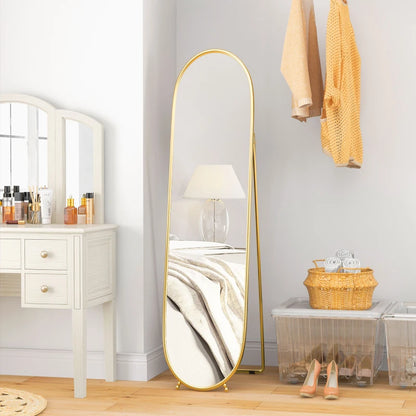 Curved Oval Shape Full Length Mirror - Freestanding or Wall Mounted - Gold Tone Bezel