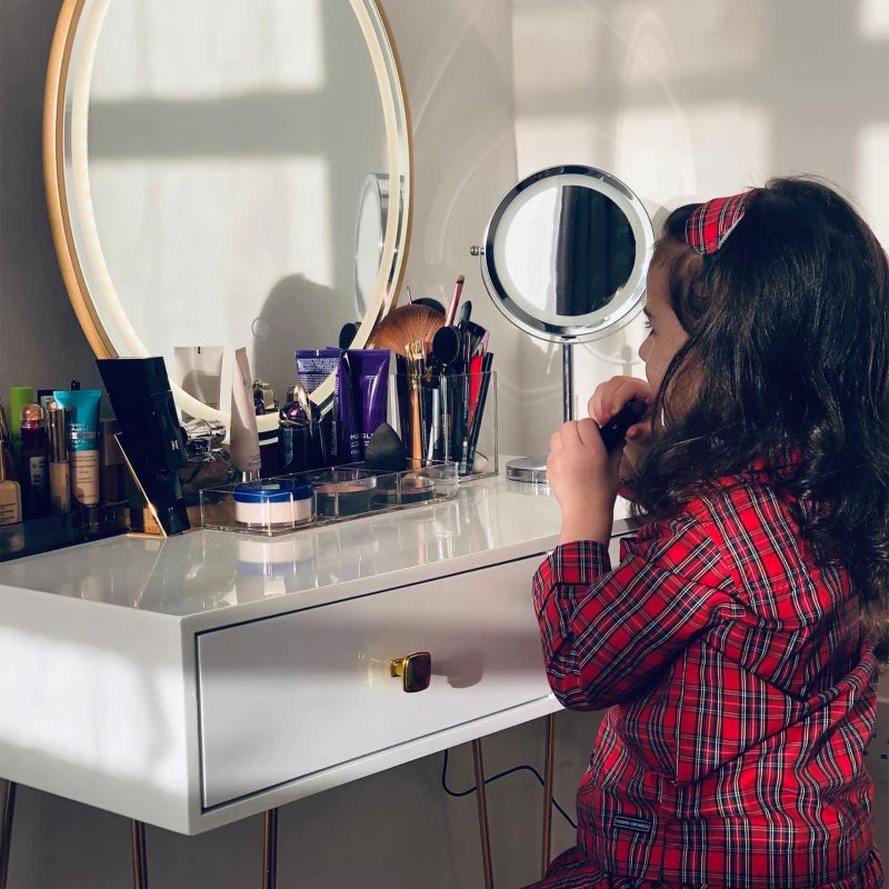 Dressing Table with Built in LED Circular Mirror, 2-Drawer Storage and Cushioned Stool