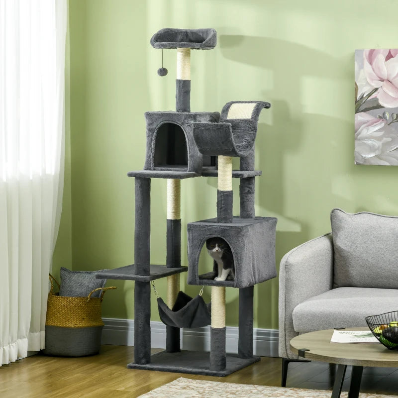 177cm Cat Tree with Scratching Post, Hammock 2 Houses and Top Bed