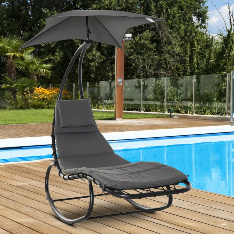 Rocking Sun Bed / Sun Lounger with Overhead Sun Shade Canopy Built In and Cushion with Head Pillow