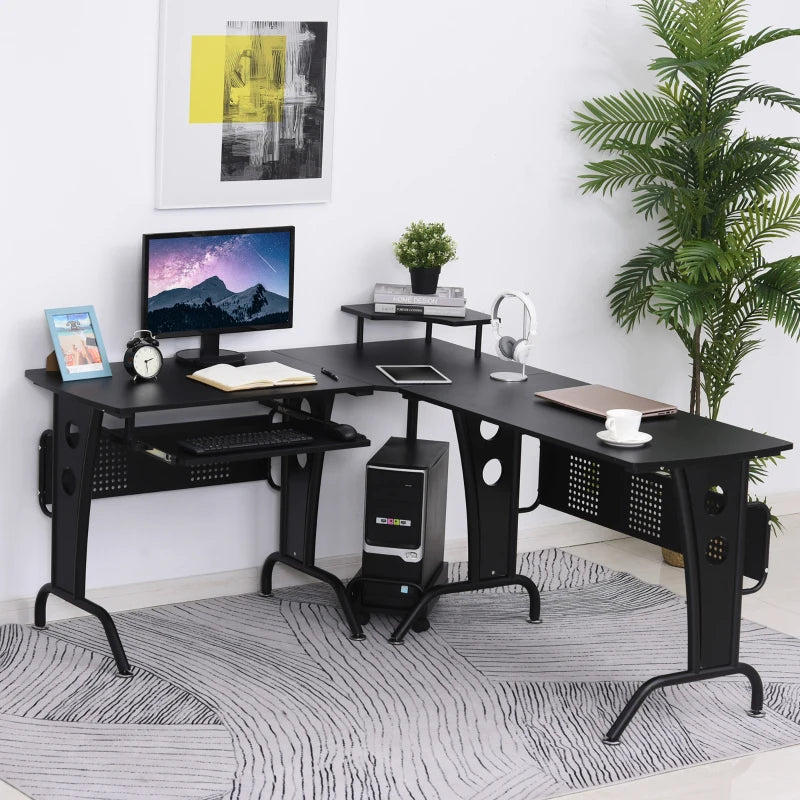 L-Shaped Corner Work Desk / Gaming / Office w/ Steel Frame CPU Rack Keyboard Tray Space-Saving Melamine Coating Computer Home Workstation Black