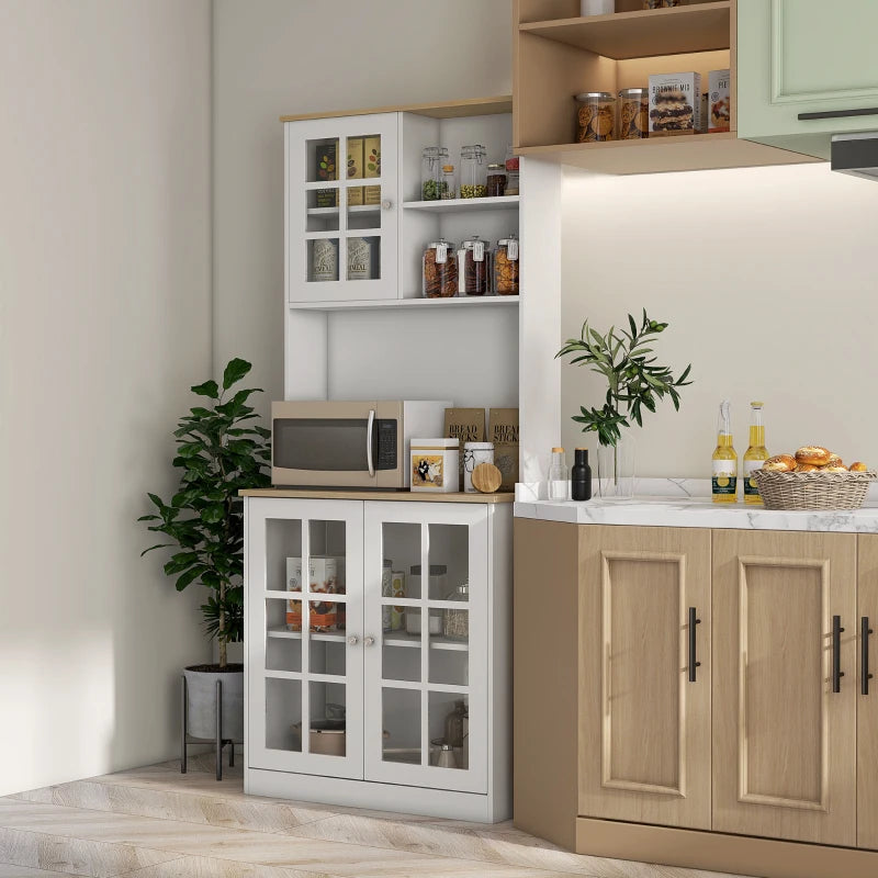 Freestanding Kitchen Cupboard / Pantry with 3 Clear Cupboards, 2 Open Style Shelves and Countertop