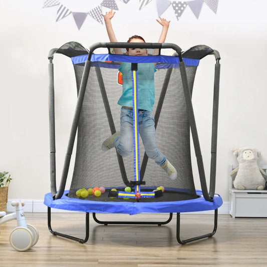 4.6ft - Kids Basketball Trampoline with Safety Enclosure and Hoop / Net - Blue