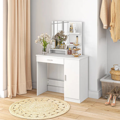 Vanity Mirror Dressing Table with Open Style Shelving and 2-Storage Sections - White