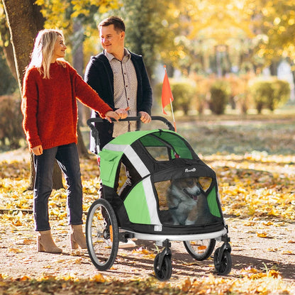 2-in-1 - Dog Bike Trailer / Pet Stroller with Safety Leash and Hitch Coupler - Green