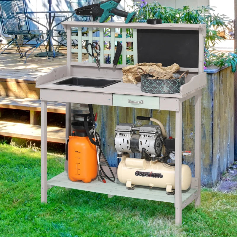 Two Tone - Garden Potting Bench Table with Chalkboard, Sink, Gridded Backboard and Underneath Storage