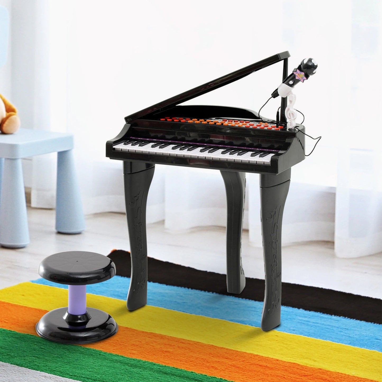 Mini Electronic Piano with Stool and Microphone Stand - Black