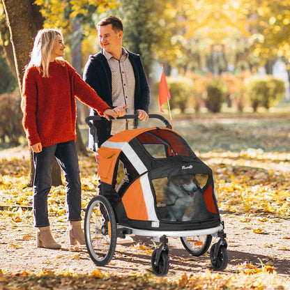 2-in-1 - Dog Bike Trailer / Pet Stroller with Safety Leash and Hitch Coupler - Orange