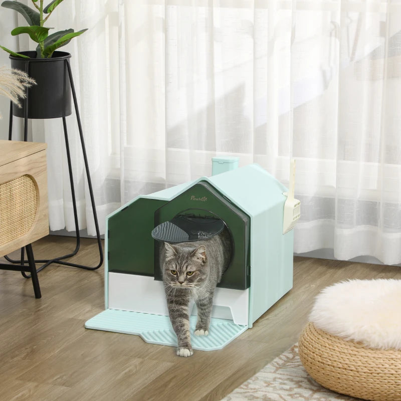 Home Style Cat Litter House Tray with Chimney Filter, Pull Out Tray and Front Door - Sky Blue