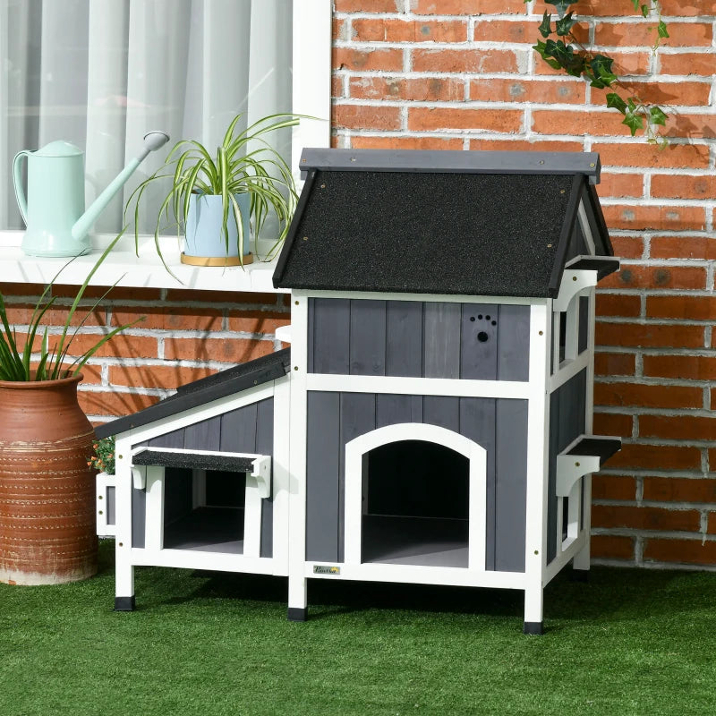 Cat Barn House with Multiple Entrances, Water Resistant Roof and Side Flower Pot