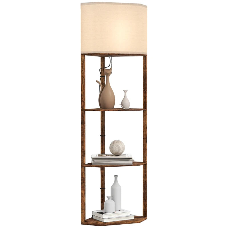 Farmhouse style - Corner Floor Light with 3-Tier Shelving and wood effect
