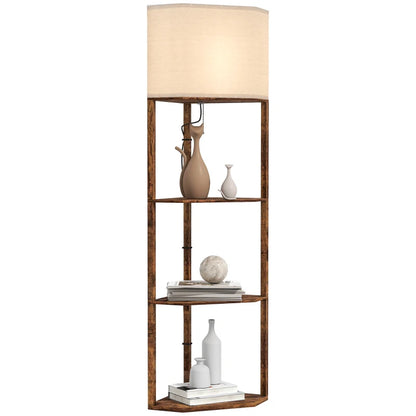 Farmhouse style - Corner Floor Light with 3-Tier Shelving and wood effect