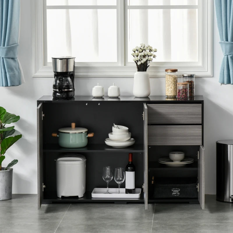 High Gloss Push-Open Design Storage Cabinet with Large & Small Cupboard and 2 Flatbed Drawers - Black / Grey