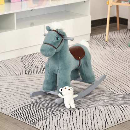 Plush Ride on Rocking Horse with Cuddle Toy Pocket - Blue