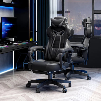 Computer Gaming Chair with Lumbar Support and Footrest - Grey / Black