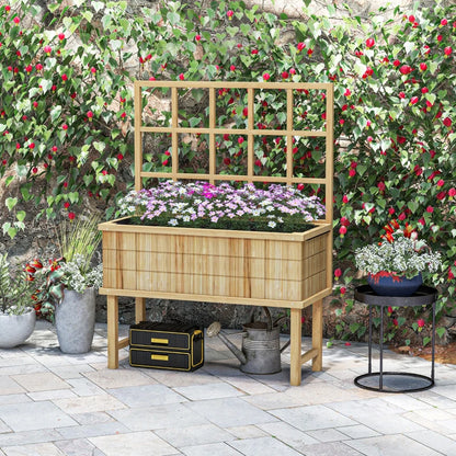 Raised Wooden Garden Planter with Back Trellis - Natural Wood Effect