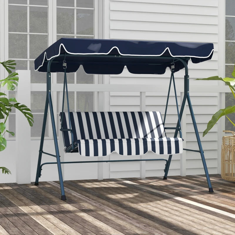 3-Seater Swing Chair with Adjustable Overhead Sun Protection Canopy - Blue / White Stripe