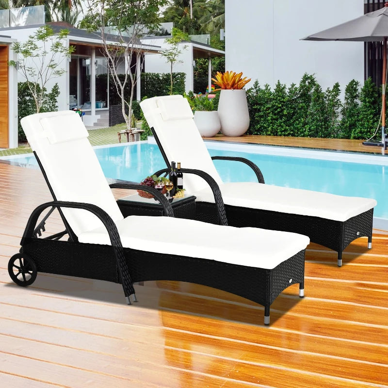 Set of 2 - Sun Loungers with Coffee Table Included and Adjustable Backrests