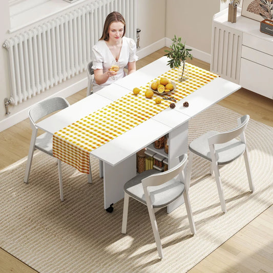 Foldaway Drop Leaf Dining Table with 2-Tier Shelving - White