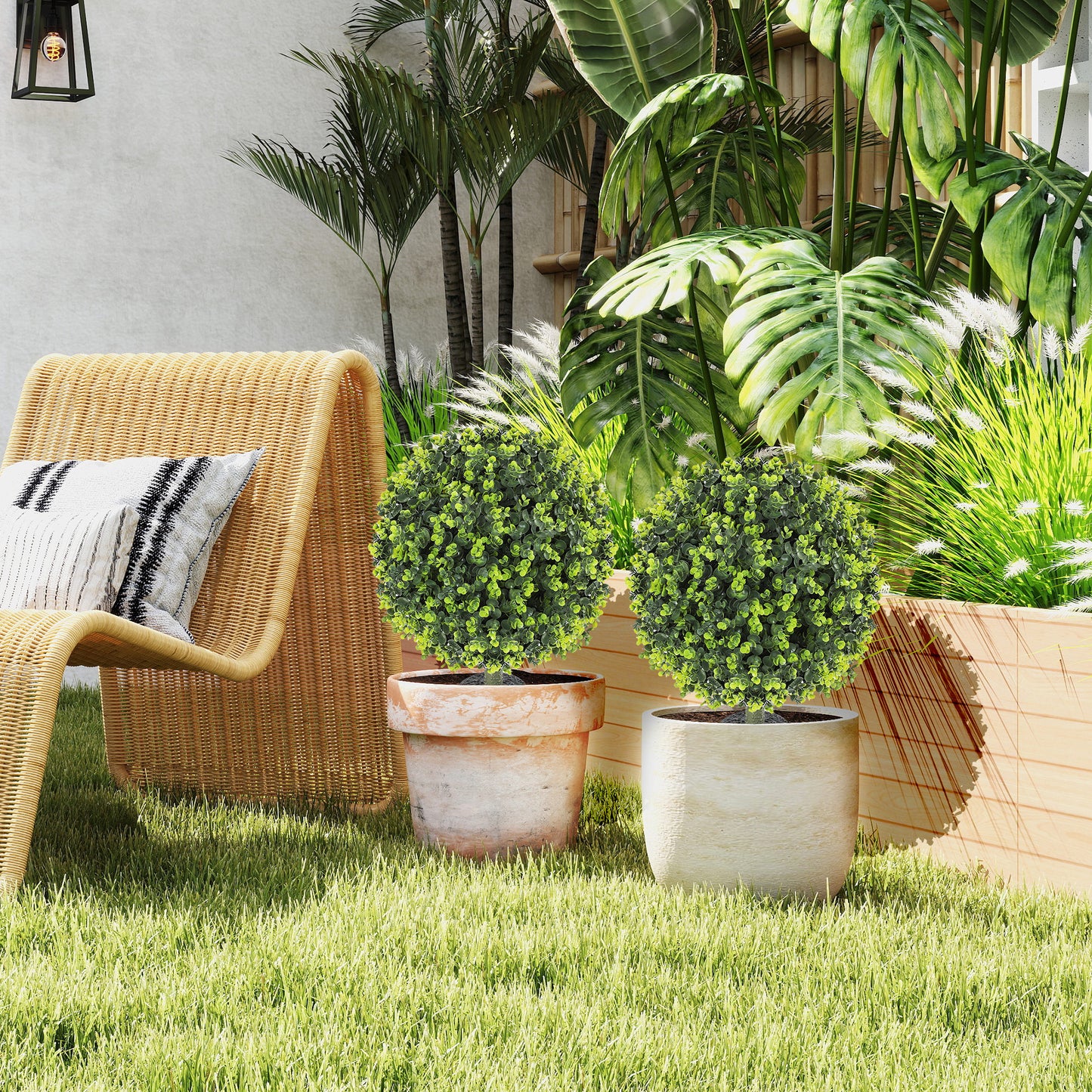 Set of 2 40 cm Artificial Boxwood Topiary Ball Bush with Integrated Ground Stake, Eucalyptus Leaves