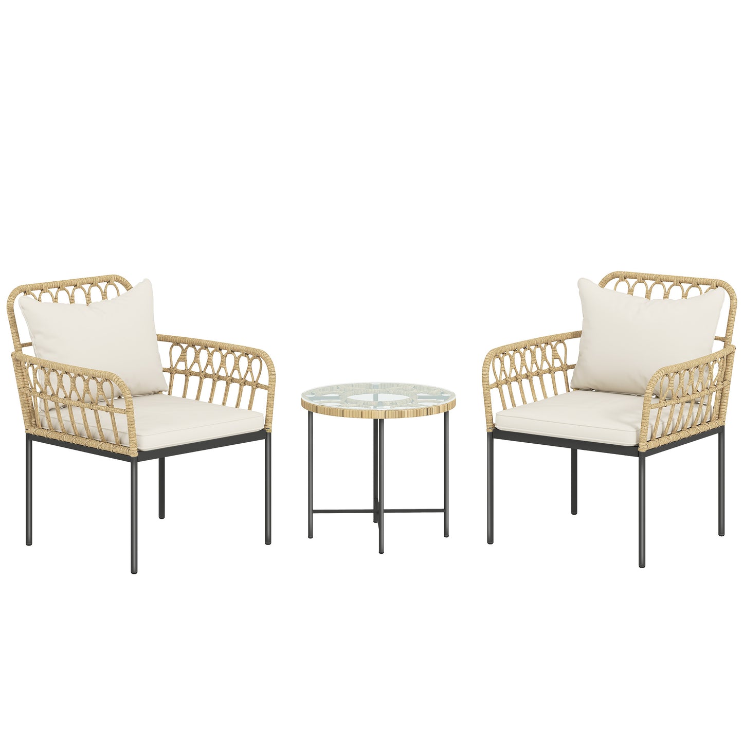 3 Piece Rattan Bistro Set, Wicker Garden Furniture Set with Cushions, Glass Top Coffee Table and Chairs for Outdoor, Patio