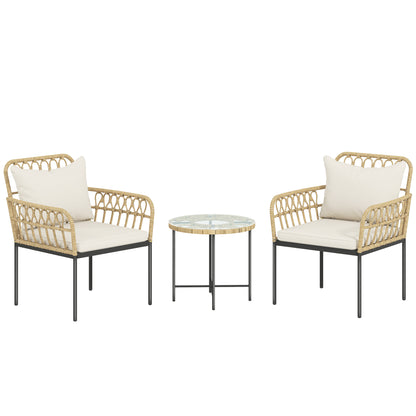 3 Piece Rattan Bistro Set, Wicker Garden Furniture Set with Cushions, Glass Top Coffee Table and Chairs for Outdoor, Patio
