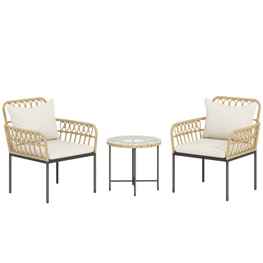 3 Piece Rattan Bistro Set, Wicker Garden Furniture Set with Cushions, Glass Top Coffee Table and Chairs for Outdoor, Patio