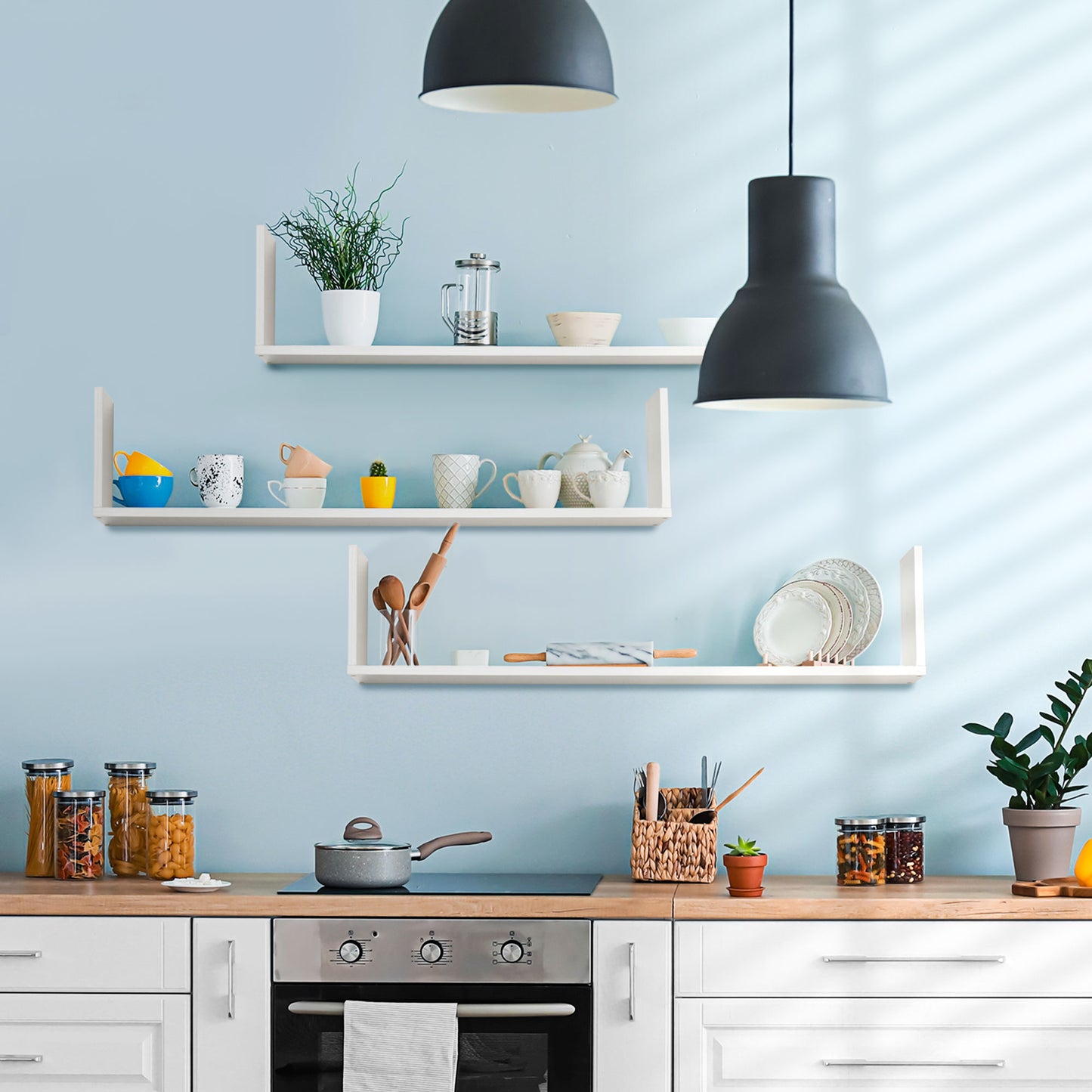 Set of 3 Wooden U-Shaped Floating Shelves Set, 80cm Wall Mounted Hanging Bookshelf