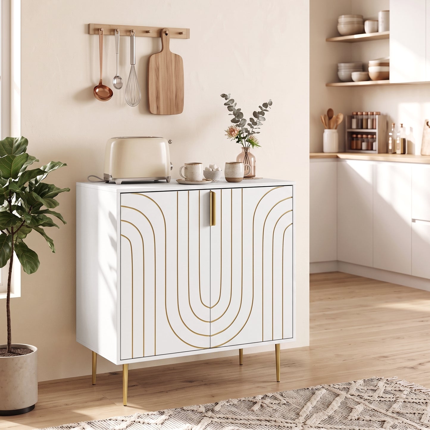 Modern Kitchen Cupboard, Storage Cabinet with 2 Doors, Adjustable Shelf and Metal Legs, White