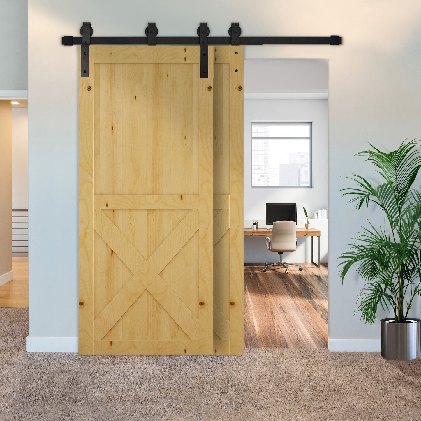 6.6FT/200cm Sliding Barn Door Hardware Track Kit, 90kg Heavy Duty Carbon Steel Sliding Door Rail for 2 Doors, Black